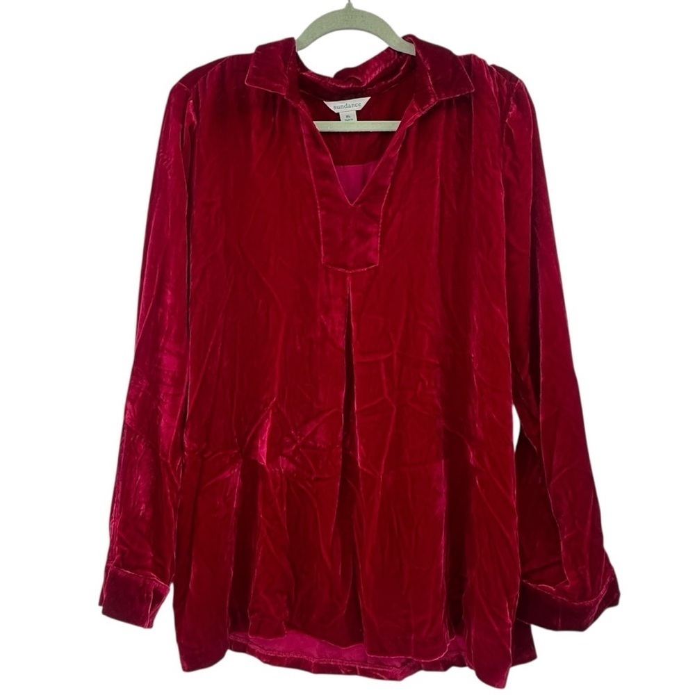 SUNDANCE‎ Silk Blend Velvet Nuance Collared Pullover Shirt Raspberry Red Size XL